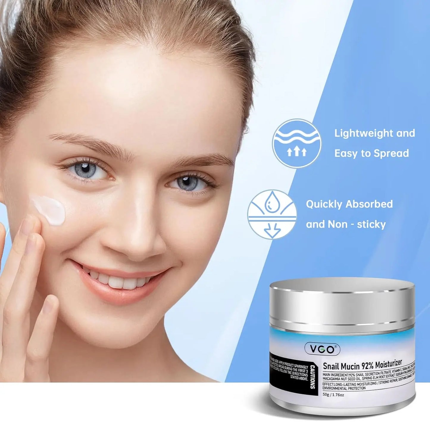 VGO Snail Mucin 92% Moisturizer Daily Face Moisturizer Hydrating Repair Face Gel Cream for Dry & Sensitive Skin, All Skin Types 50g / 1.76oz VGObeauty