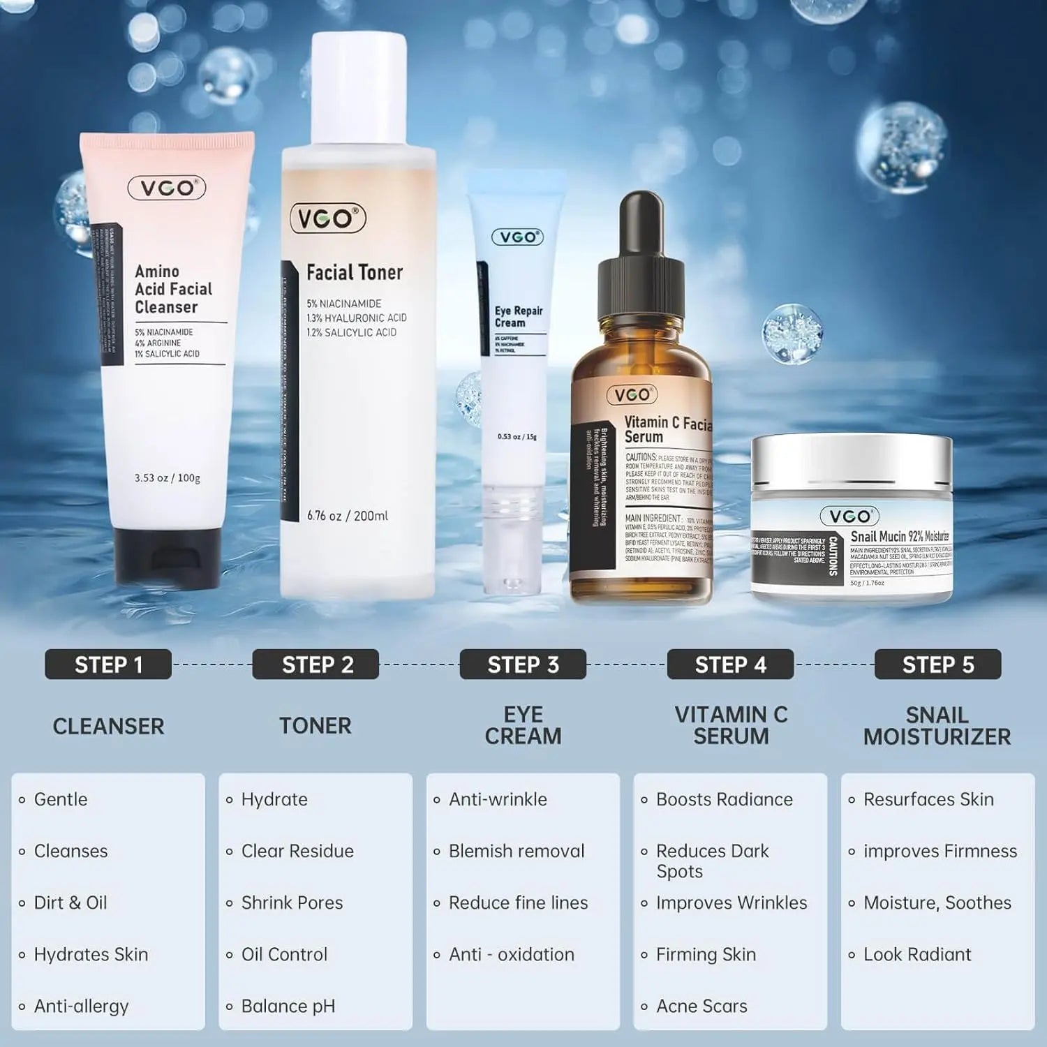 VGO Skin Care Set, Anti-Aging Moisturizing Repairing Soothing Snail Mucin Facial Skin Care Routine Kit for Dry Sensitive Dull Skin, 13.58 Fl Oz VGObeauty