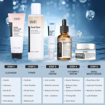 VGO Skin Care Set, Anti-Aging Moisturizing Repairing Soothing Snail Mucin Facial Skin Care Routine Kit for Dry Sensitive Dull Skin, 13.58 Fl Oz VGObeauty